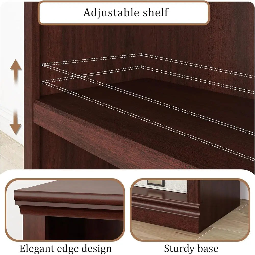 64 Double Wide 2-Tier Bookshelf with 4 Cubes, Cherry Wood, for Home and Office Storage and Display