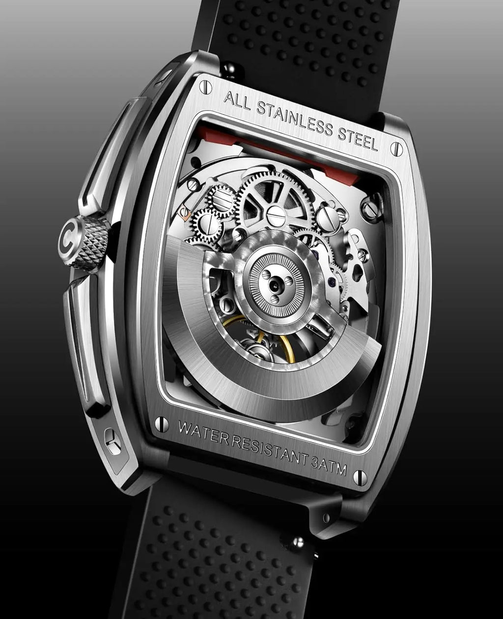 Automatic Skeleton Watch with Silicone Strap, Stainless Steel Waterproof Dress Timepiece for Men and Women