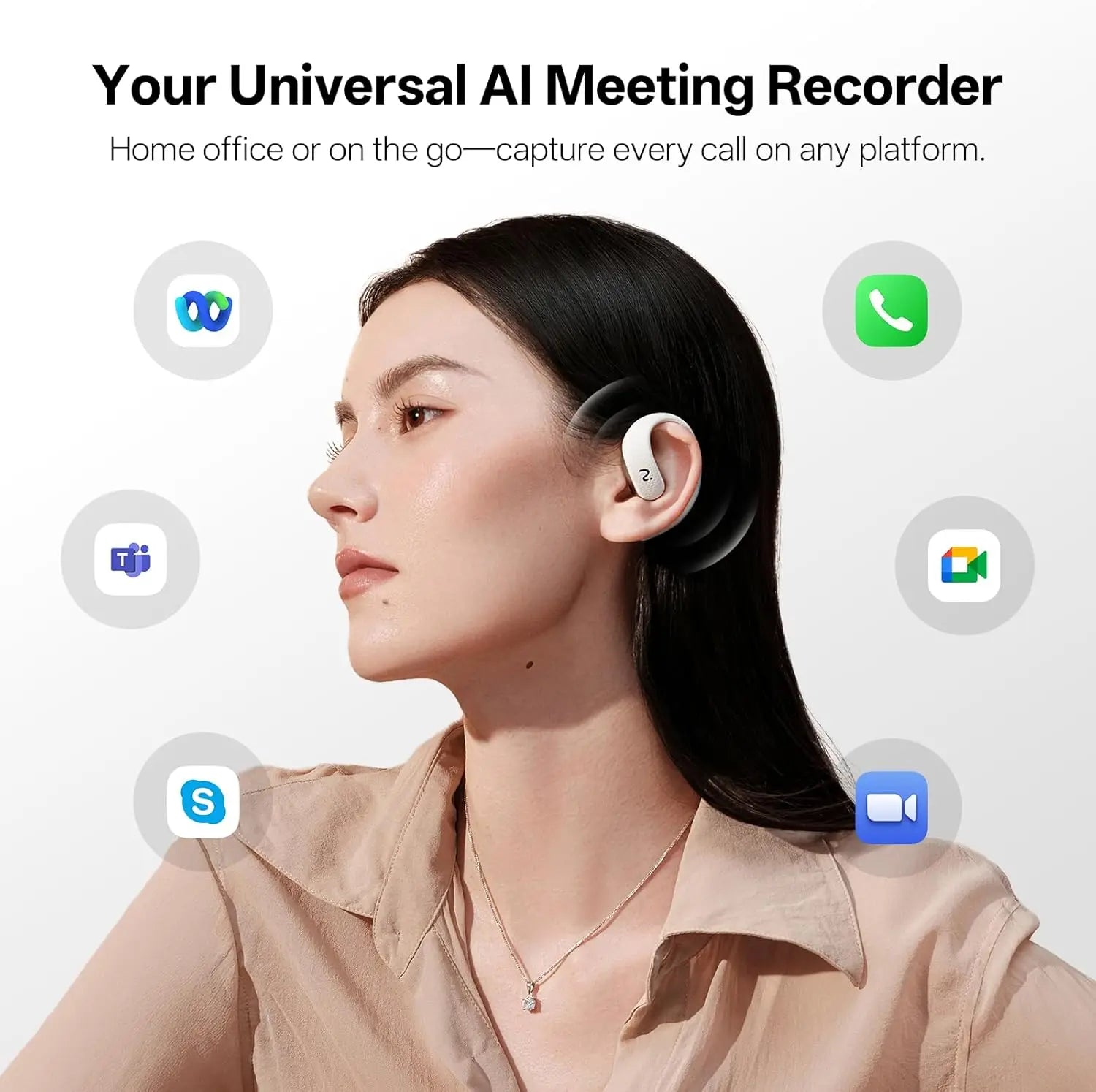 Open Ear AI Voice Recorder Earbuds with Instant Recording, Transcription & Summary for Meetings, Driving, Sports