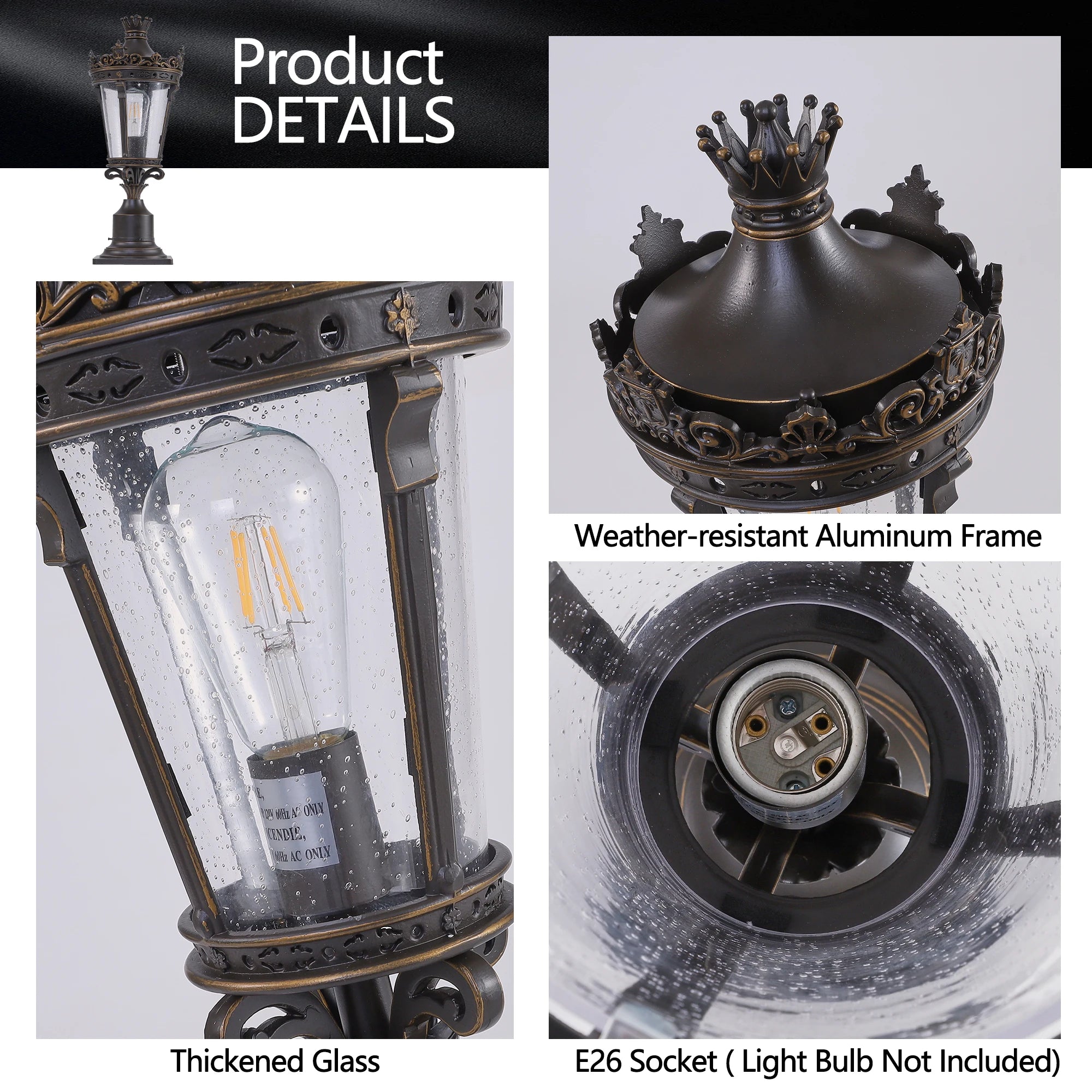 Vintage Crown Outdoor Post Lantern, Waterproof Decorative Table Lamp with Clear Glass Shade and Antique Metal Base (No bulb)