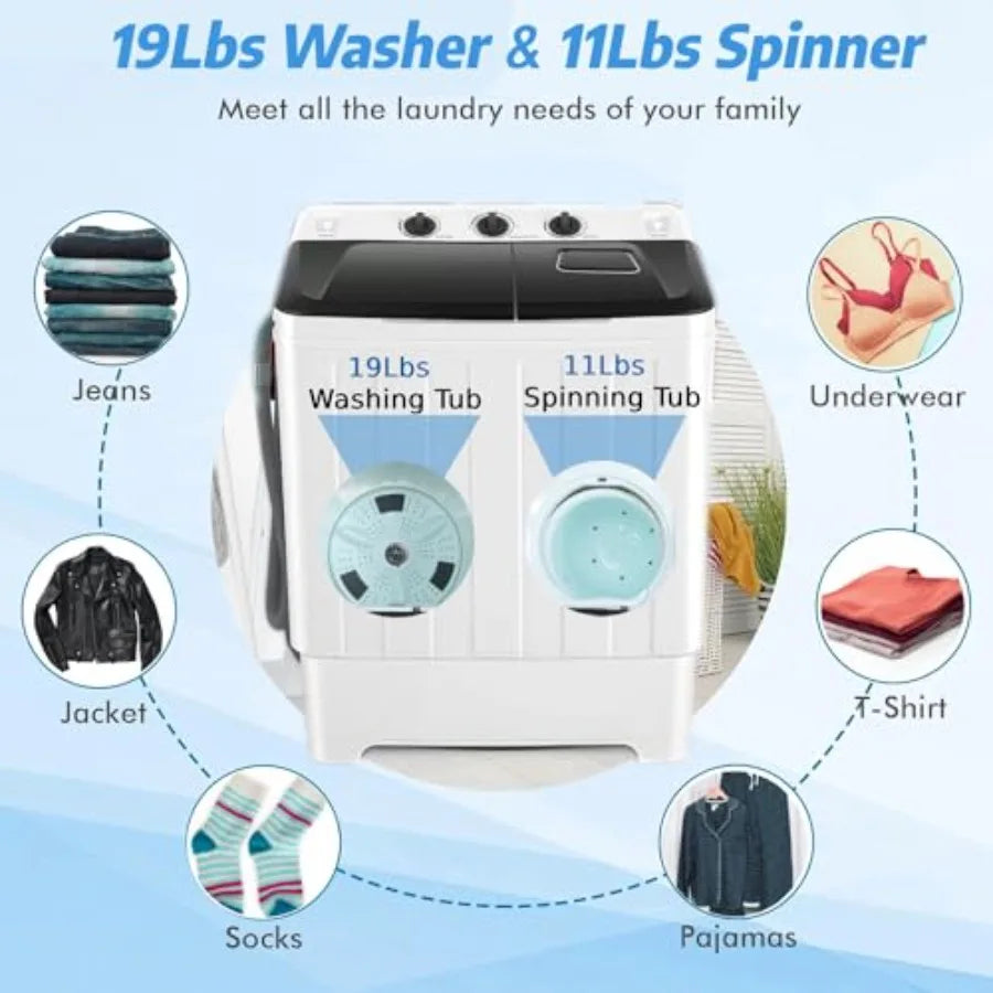 Portable 30Lbs Twin Tub Washing Machine Washer and Dryer Combo Compact Laundry Machine with Drain Pump Time Control Semi-Automa