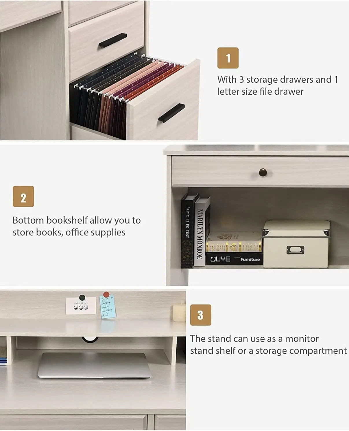 Home Office Desk with 4 Drawers & Hutch Computer Table Bedroom Off-White, Customized
