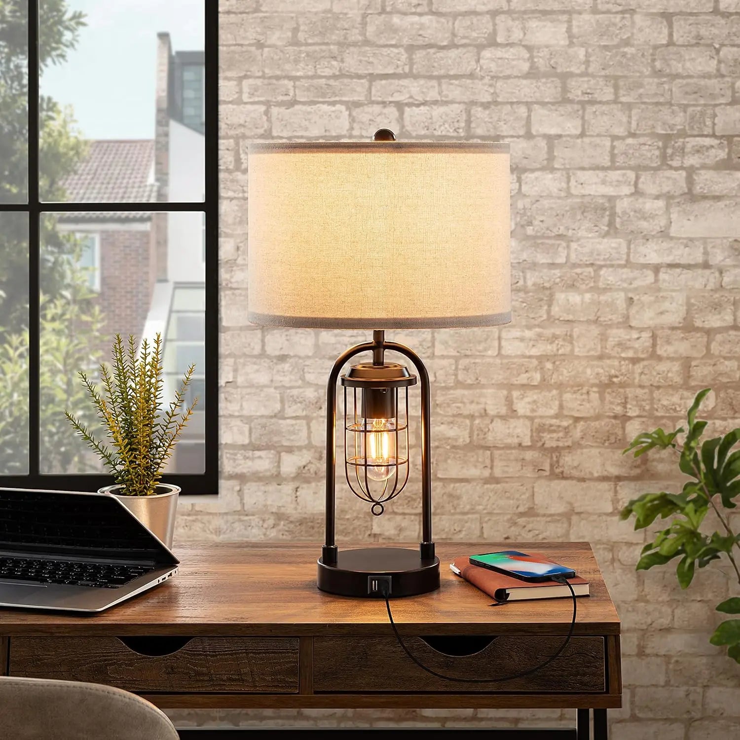 Set of 2 Modern Table Lamps with USB Ports and Night Light for Living Room Bedroom (Bulbs Included)