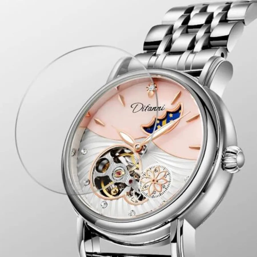 Womens Automatic Mechanical Stainless Steel Moonphase Watches Leather Strap Self-Winding Pearl Skeleton dial Waterproof Ladies