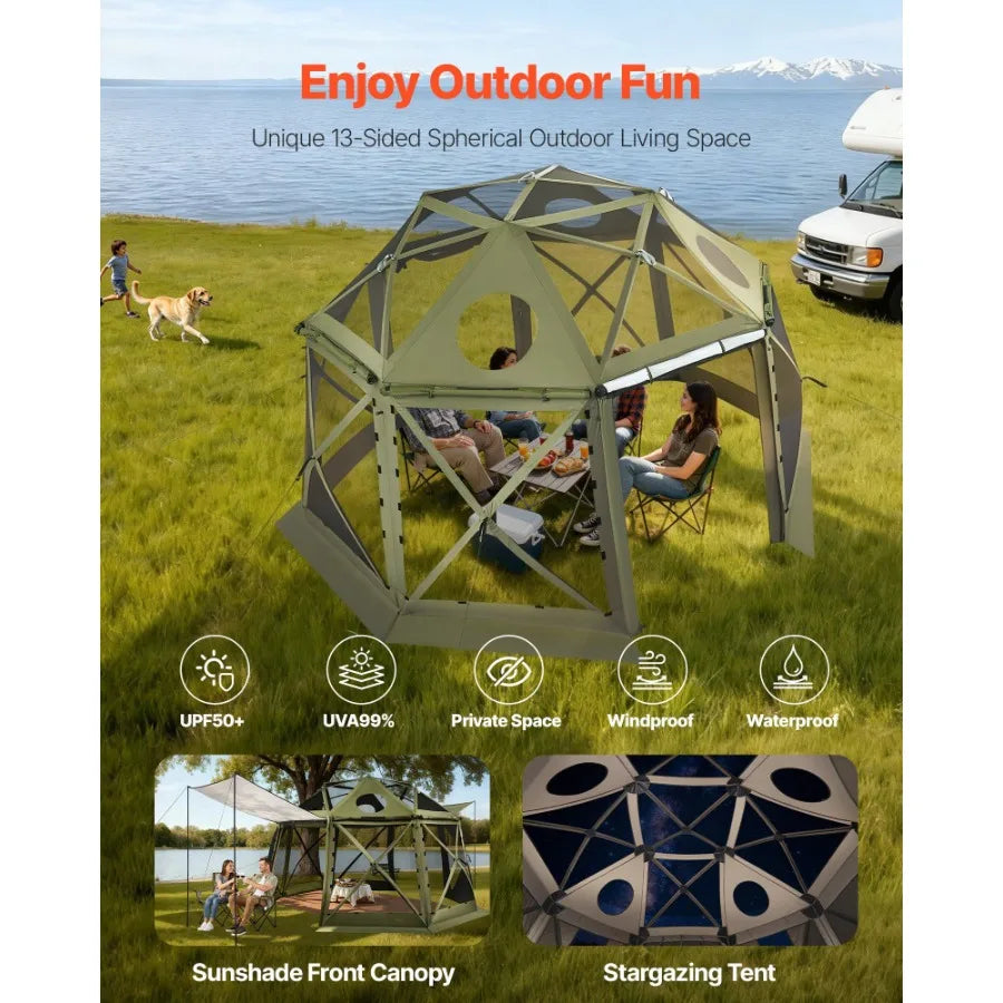 Pop up Gazebo Screen Tent 13 x 13 ft 13-Sided Spherical Camping Canopy with Removable Top Carry Bag Quick-Set Bite-Proof Green