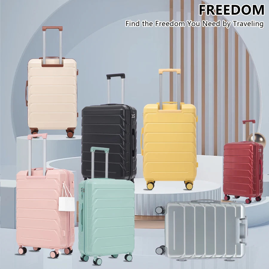Tourist luggage set for travel: ABS spinner wheels, 20/24/28, matching pink color, includes combination lock