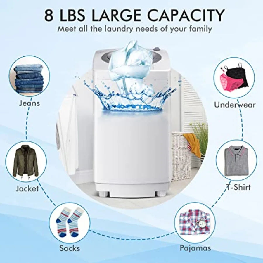 Portable 8Lbs Ccity Full-Automatic Washing Machine with 6 Wash Programs LED Display 3 Water Levels Compact Laundry Washer Dryer