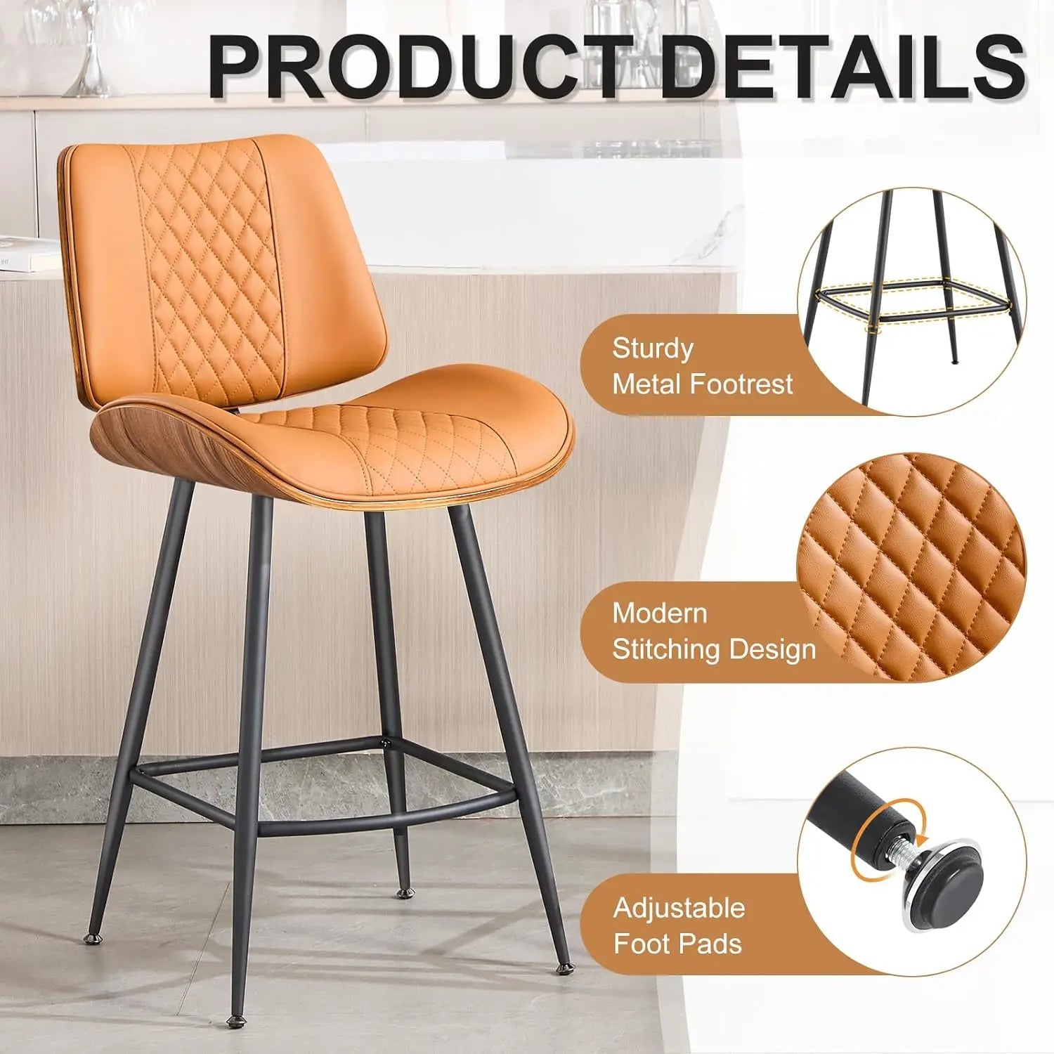 Counter Height Barstools Set of 3, 26.9" Armless Stools with Metal Legs, Walnut Pub Chair in Modern Style, Customized