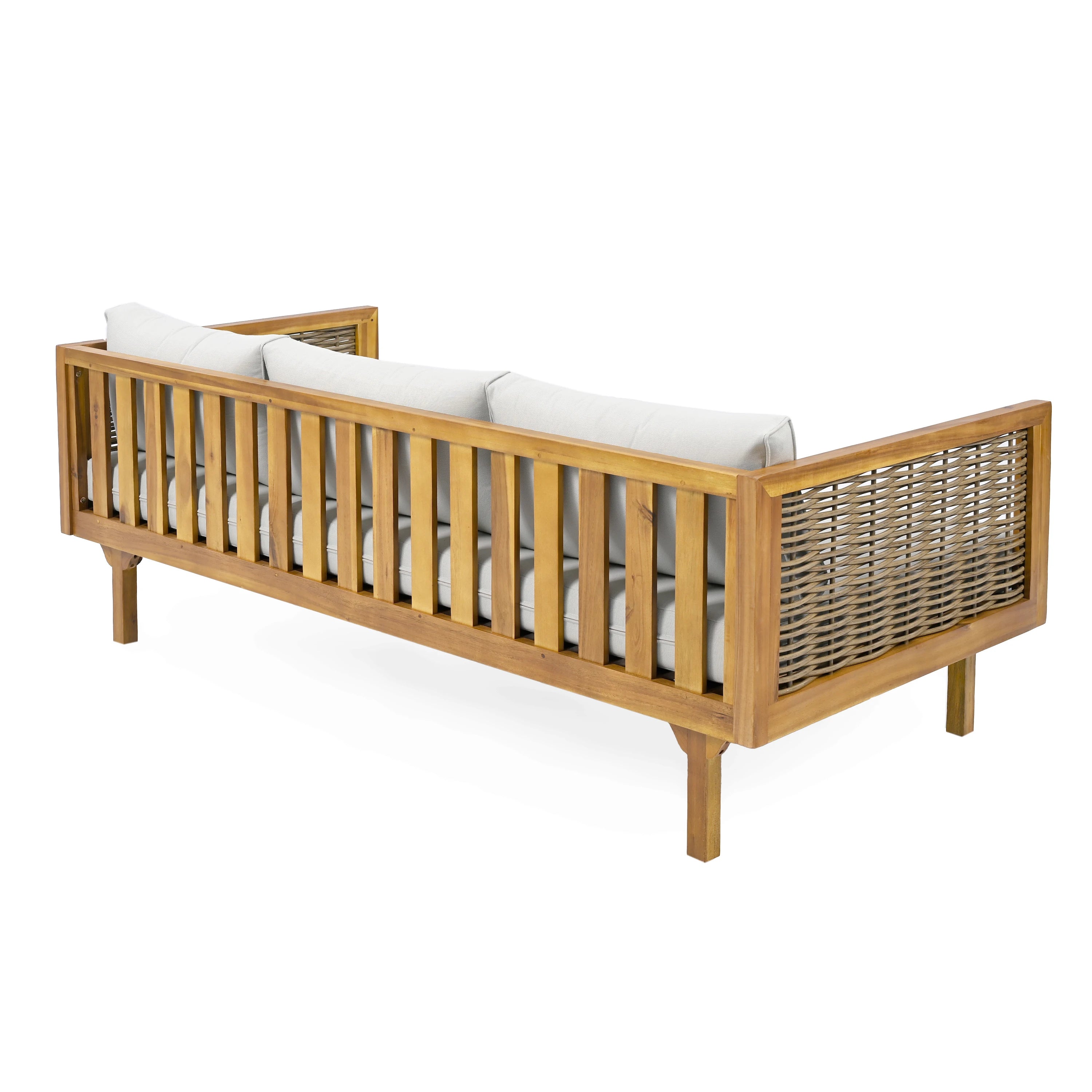 3 Seater Sofa Acacia Wood Outdoor Daybed Convertible Bed with Rattan Arm Cushion Pillow for Patio Garden