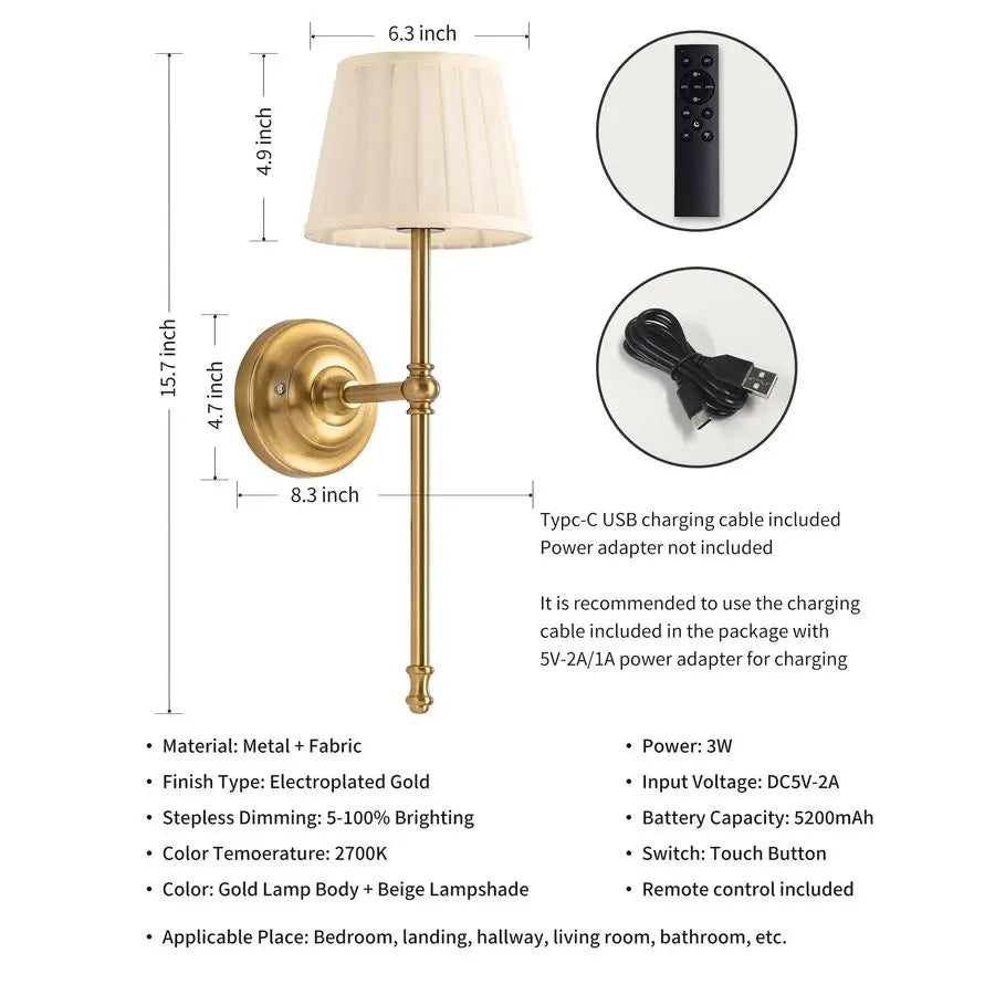 Cordless Wall Sconces Set of 2, Small Wireless 5200mAh Rechargeable Battery Fabric LED Wall Lamps, Portables Lightings for Wall
