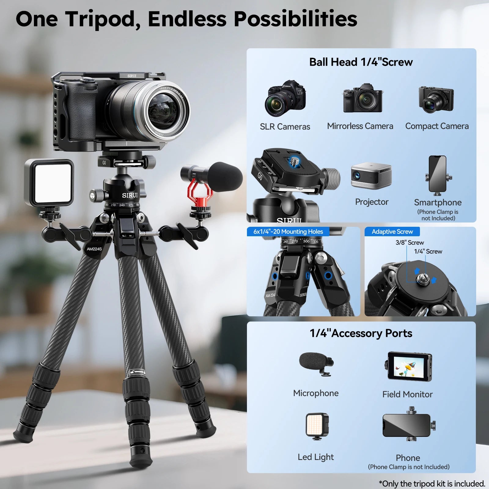 SIRUI AM-224S+G0 Portable Tripod For Camera Phone Action Camera Accessories Support Weight Up To 10KG Carbon Feather