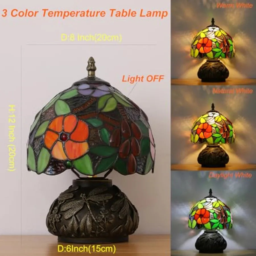 Tiffany Style Small Table Lamp for Bedroom3 Color-temperatures Stained Glass Night Light Antique Nightstand Bedside Lamps Livin