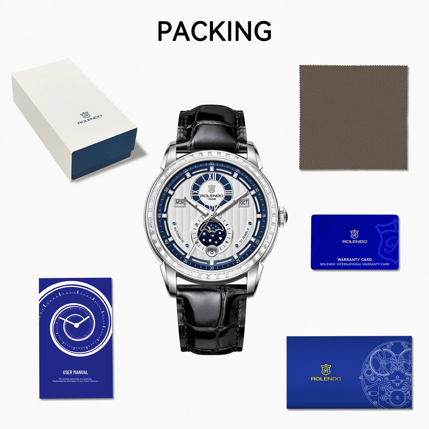 ROLENDO High-end Diamond-set Automatic Watch for Men 43mm Mineral Crystal Luminous Full Calendar Leather Strap 5ATM Luxury Gift