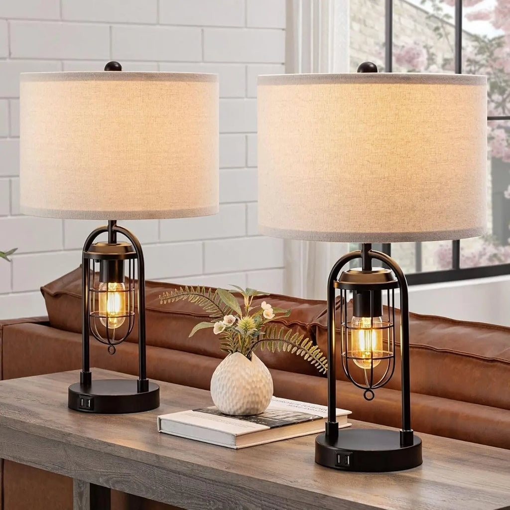 Set of 2 Modern Table Lamps with USB Ports and Night Light for Living Room Bedroom, Bulbs Included