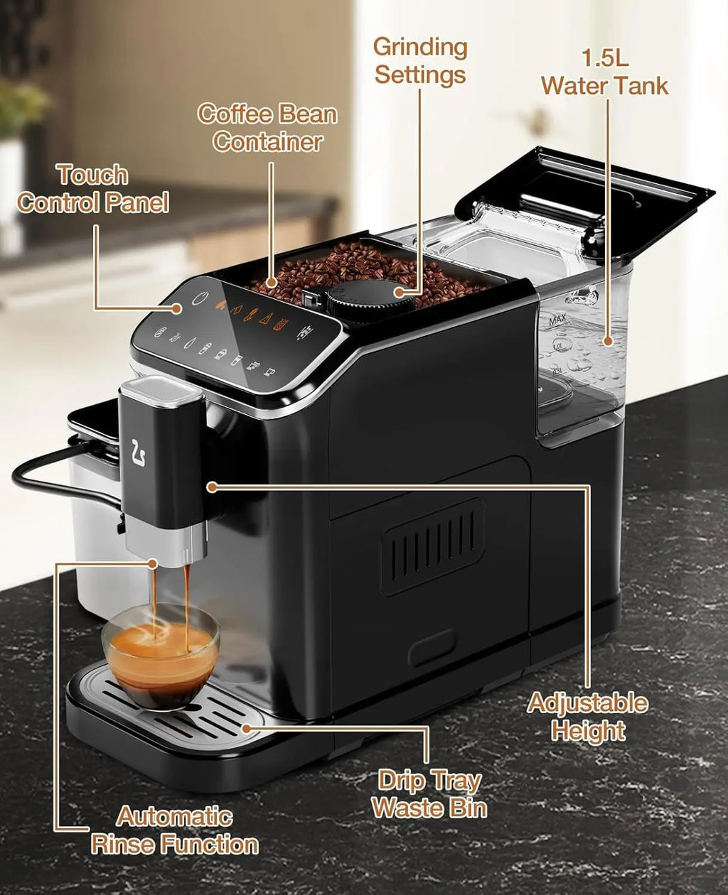 20-Bar Fully Automatic Espresso Coffee Machine with Grinder,Auto Milk Frother,Auto-Cleaning Coffee Maker for Latte Cappuccino