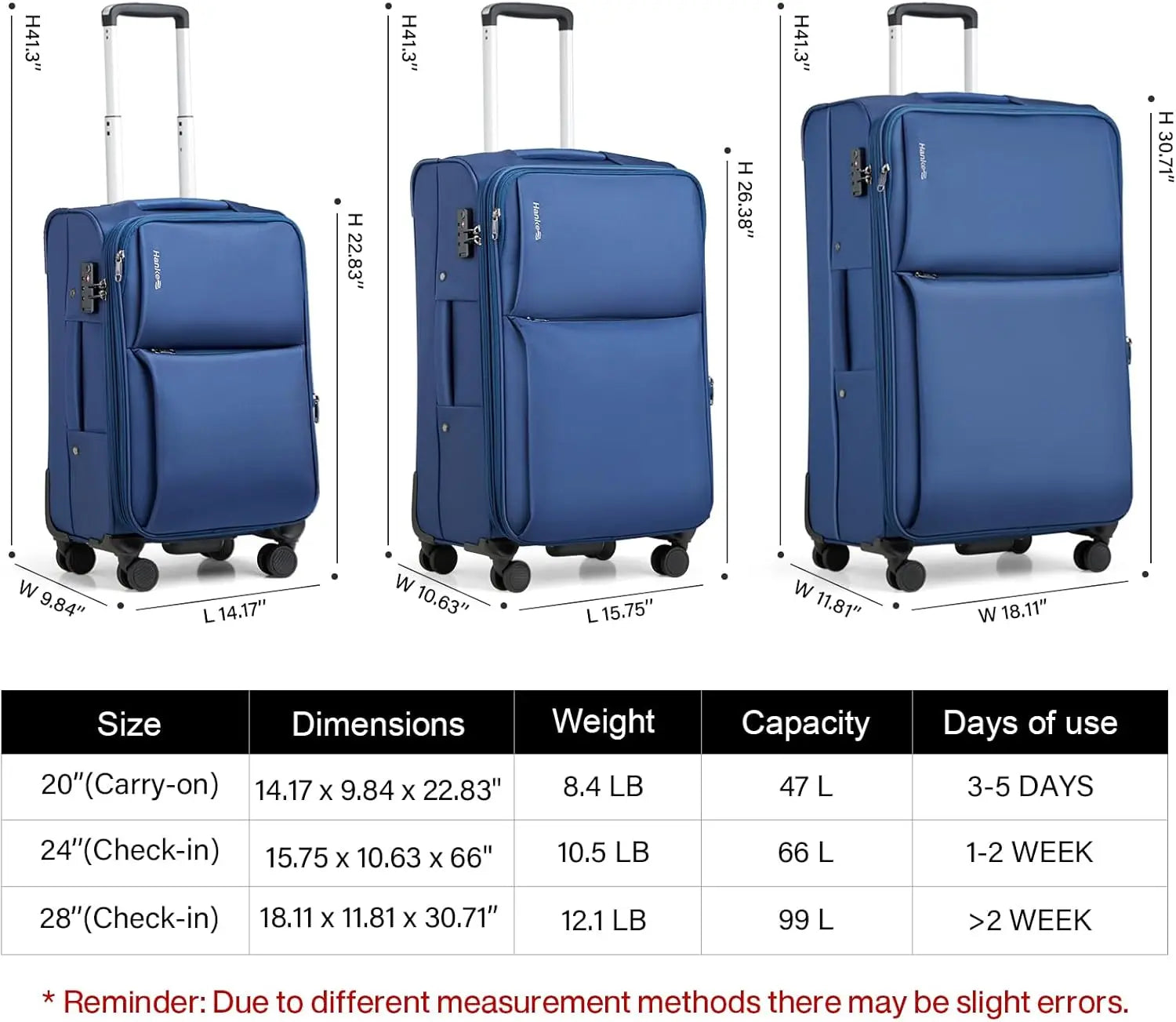 24 Inch Expandable Softside Checked Suitcases with Spinner Wheels, Upright Rolling Travel TSA Luggage Bag for Women Men (Blue)
