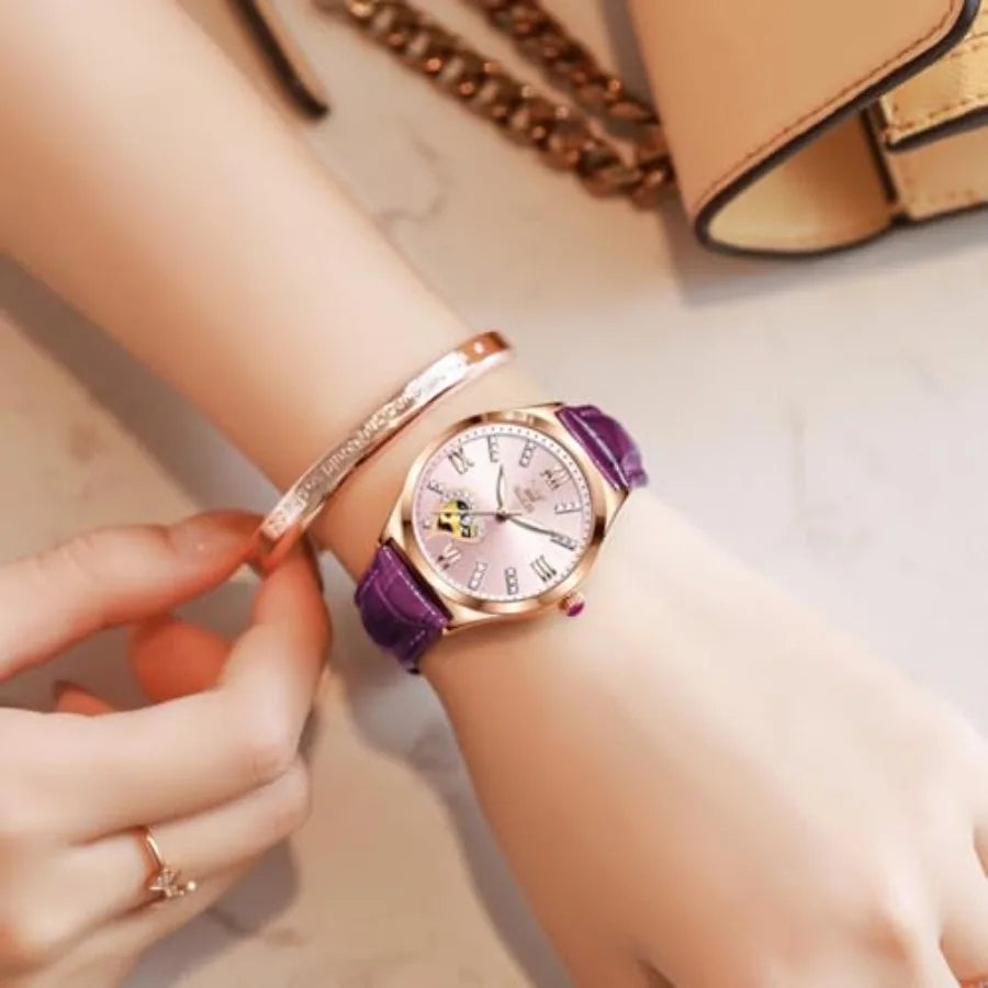 Watches for Women Automatic Ladies Watch Mechanical Leather Strap Self-Winding Diamond dial Waterproof