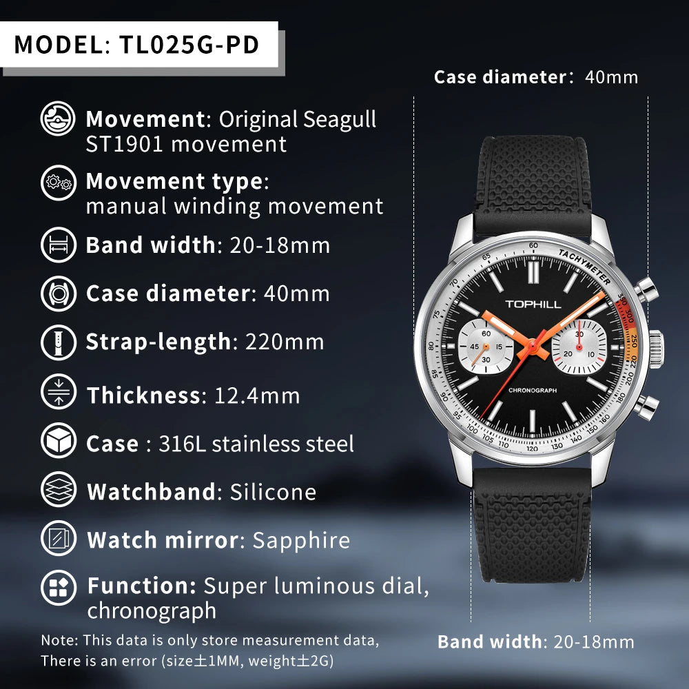 TOPHILL Men's Chronograph 1963 Pilots Watch with Seagull ST1901 Movement Mechanical Luminous Wristwatch 40mm Sapphire Waterproof