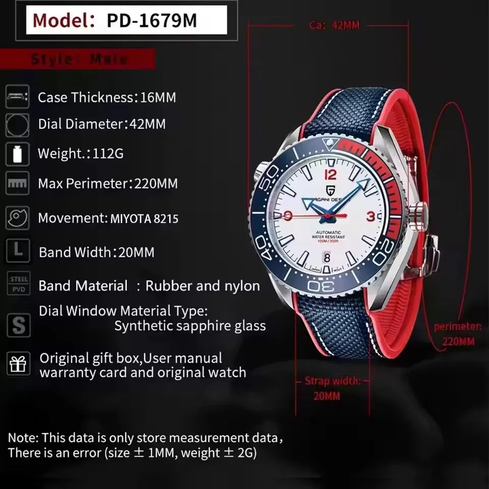 PAGANI DESIGN 42MM Classic Luxury Diving Men Automatic Mechanical Watch Sapphire Glass Stainless Steel Waterproof Watch for men