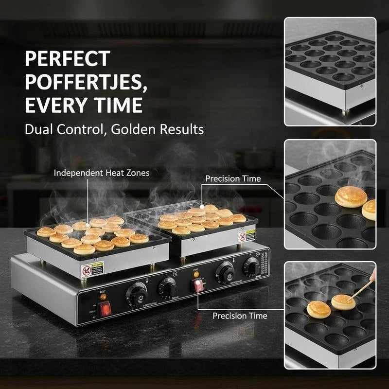 Mini Dutch Pancake Machine 50PCS For Kitchen Restaurant Dessert, Non-stick Dorayaki Baker 1800W Double Temperature Time Control Commercial Poffertjes Grill Pan 21.3x11.4x6.5 Inches Black Silver Professional Baking Equipment