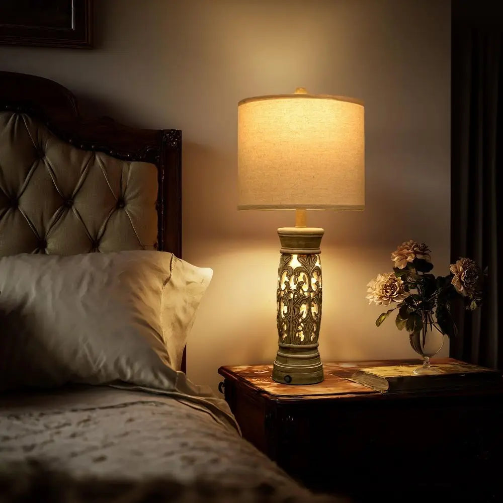 Set of 2 Rustic Vintage Table Lamps with Night Light & USB Ports, Suitable for Bedroom, Living Room, Entryway