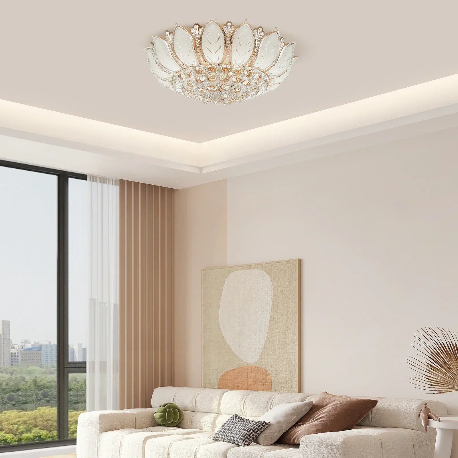 23.5Inch Flower Shaped Crystal Chandelier, E12 110V Gold Crystal Ceiling Lamp Modern Chandelier Hanging Lamp Flush Mount