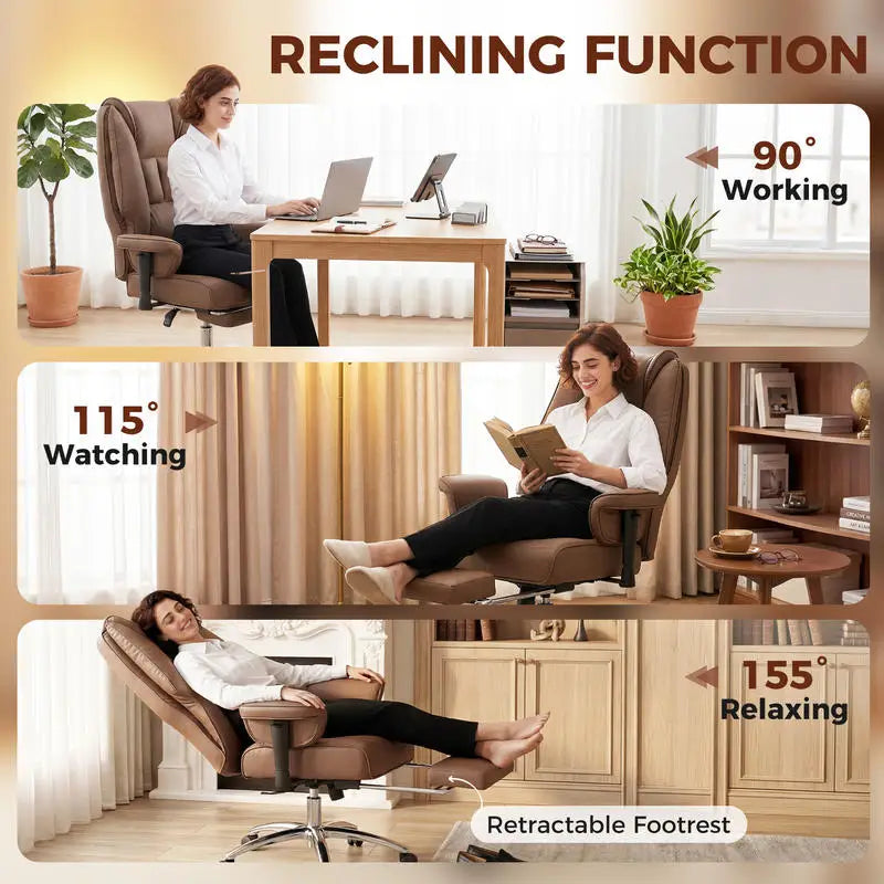 Ergonomic Office Chair, High Back Reclining Desk Chair with Adjustable Armrests, Pet Friendly Faux Leather, Brown