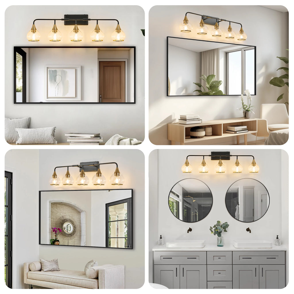 40" Modern 5-Light Vanity Wall Sconce Black and Gold Bathroom Light Fixture with Clear Glass Shades,Wall Mounted Lamp(No Bulb)