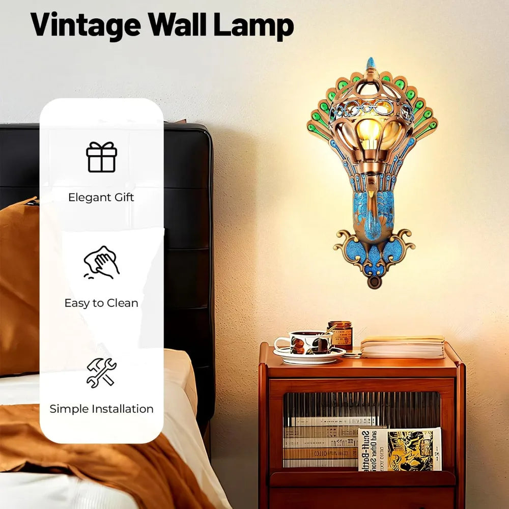 Antique Peacock Wall Lamp,Exterior Wall Light Fixture LED Phoenix Wall Sconce Vintage Peacock Rustic Exterior Wall Light Sconce