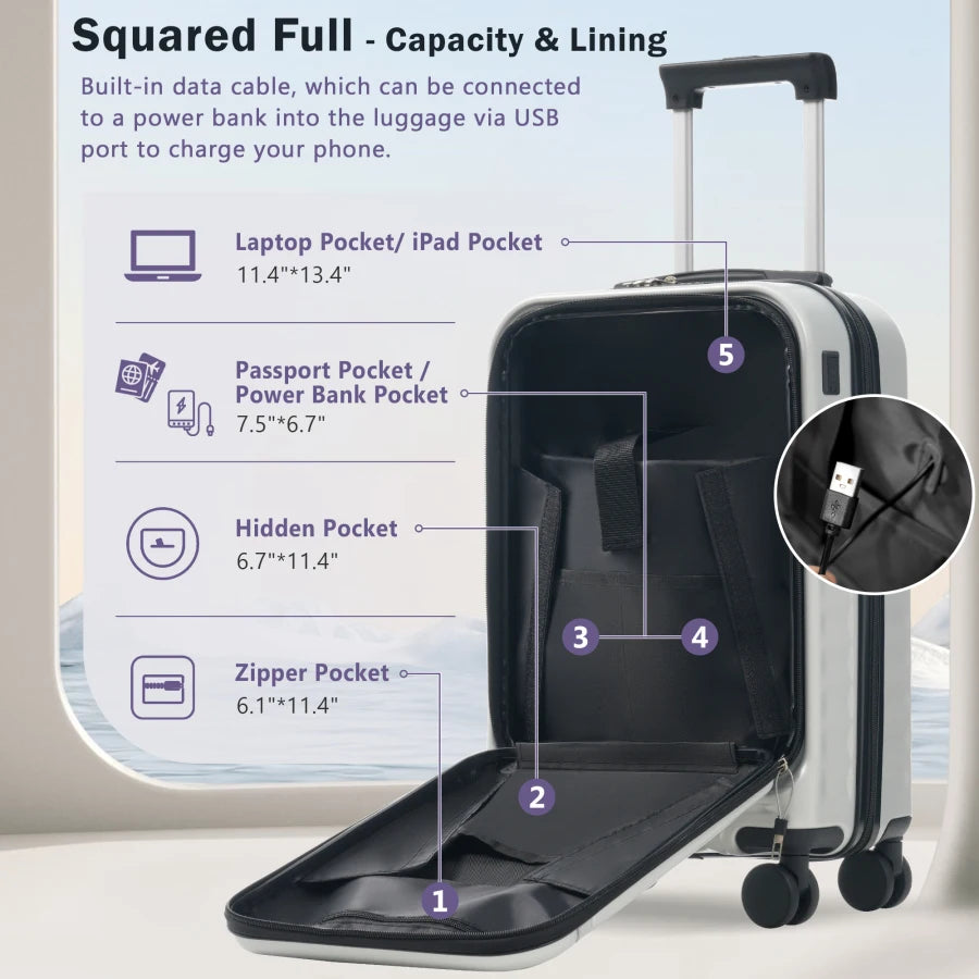 Front Opening Luggage Set 3 Piece: Hardside Carry-on Suitcase with USB Port, Expandable Spinner Wheels, TSA Lock, ABS/PC Materi
