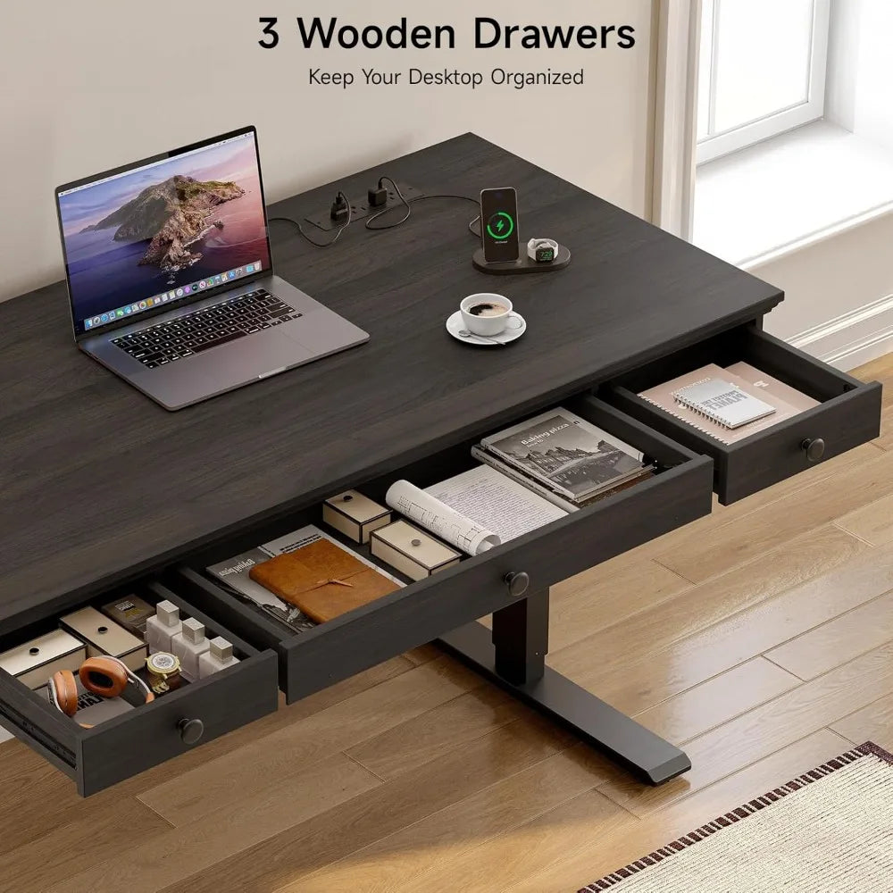 Standing Desk with Drawers, 55 x 23 Inch Electric Height Adjustable Desk with Storage & Outlets, for Computer Workstation, Home