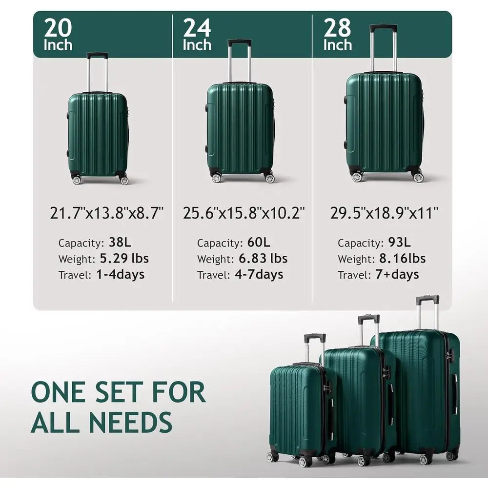 3-Piece Hardshell Luggage Set with Spinner Wheels & TSA Lock, Lightweight ABS, Green, 20/24/28 inches
