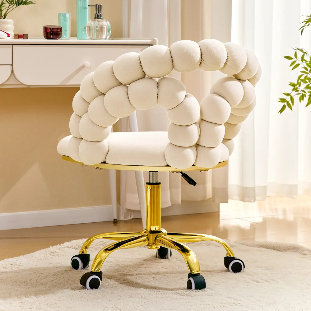 Modern Velvet Adjustable Swivel Desk Chair with Bubble Back, Upholstered Vanity Chair with Gold Metal Base, Rolling Office Chair