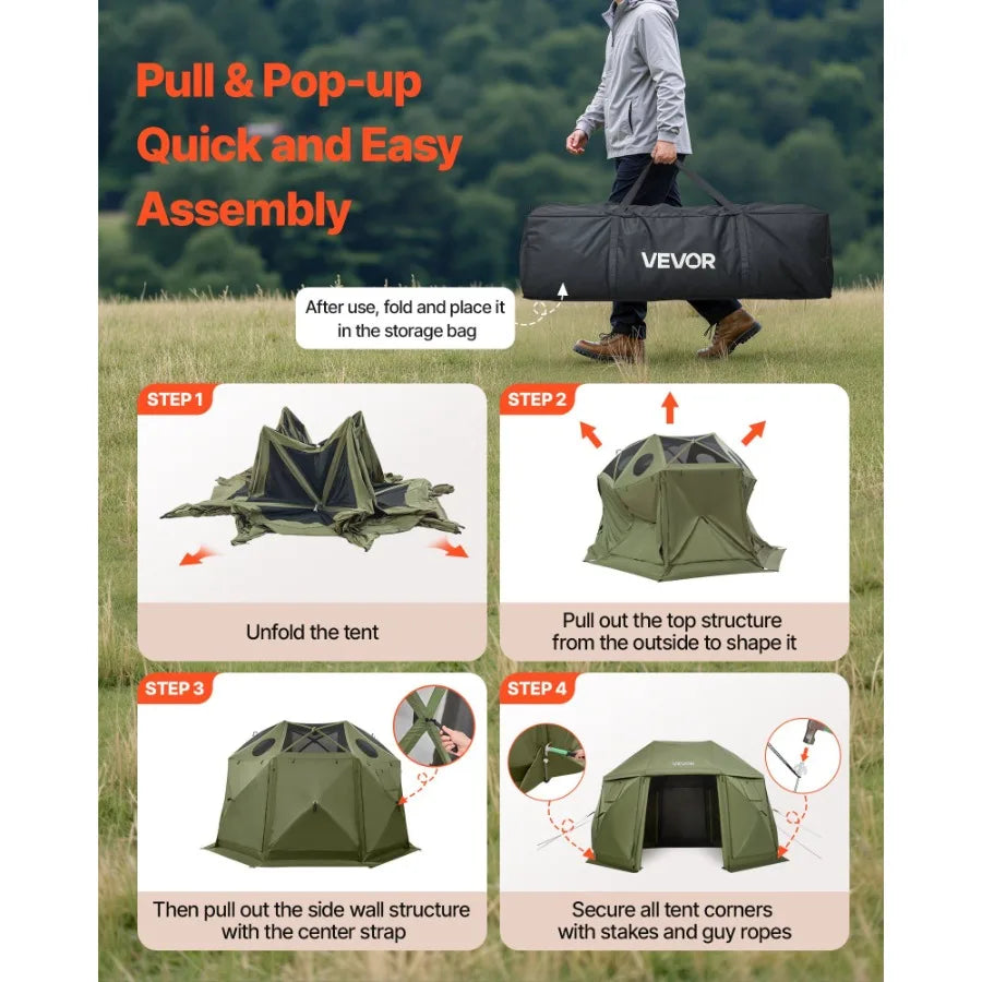 Pop up Gazebo Screen Tent 13 x 13 ft 13-Sided Spherical Camping Canopy with Removable Top Carry Bag Quick-Set Bite-Proof Green