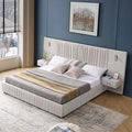 King Size Luxury Bed Frame with Pleated Design Headboard, Upholstered Hotel Platform Bed with Built-in LED Lights and Nightstand