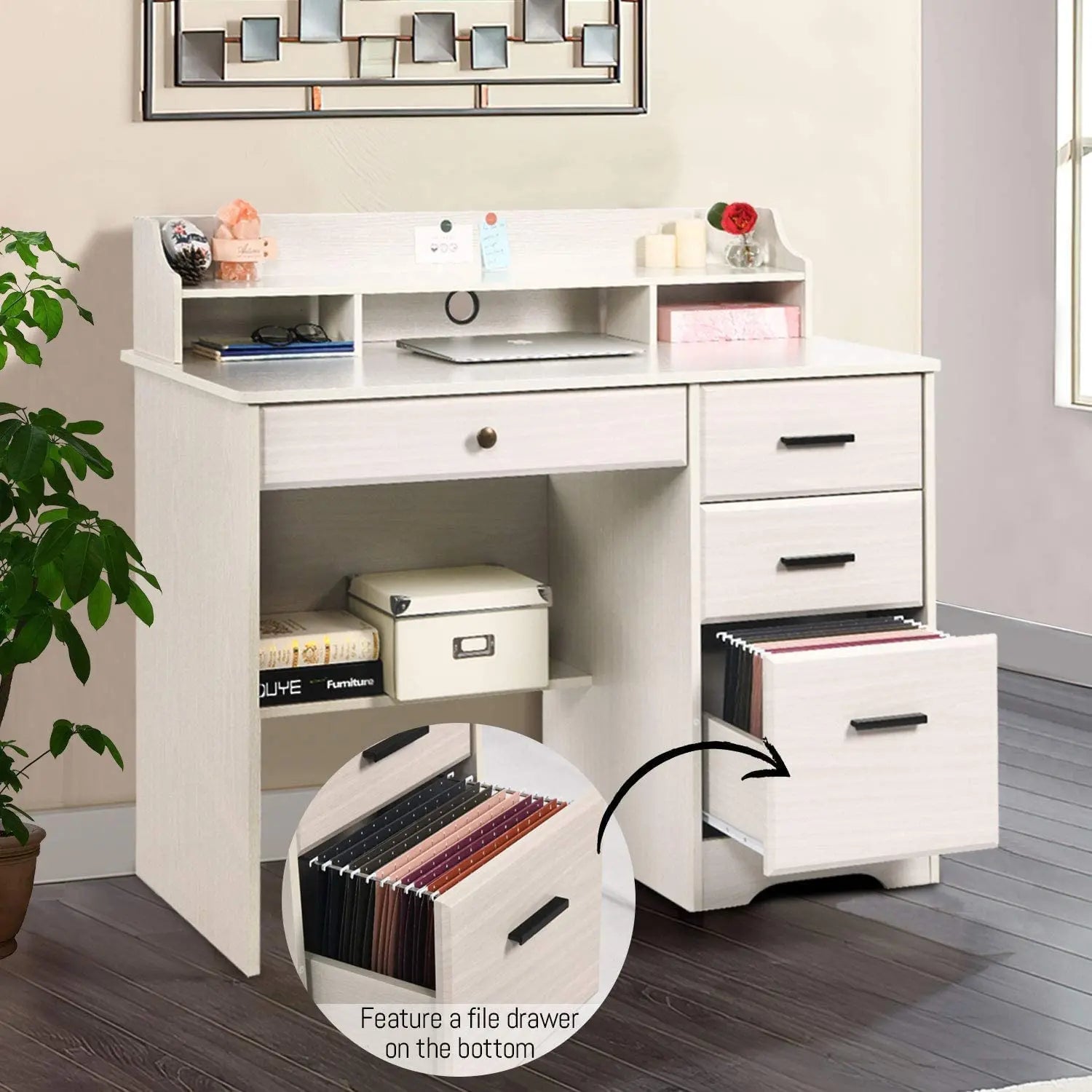 Home Office Desk with 4 Drawers & Hutch Computer Table Bedroom Off-White, Customized