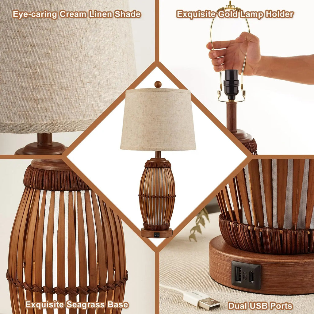 27" Vintage Bamboo Woven Table Lamps Set of 2 with Nightlight, USB A+C Ports and Bulbs Included for Bedroom Living Room