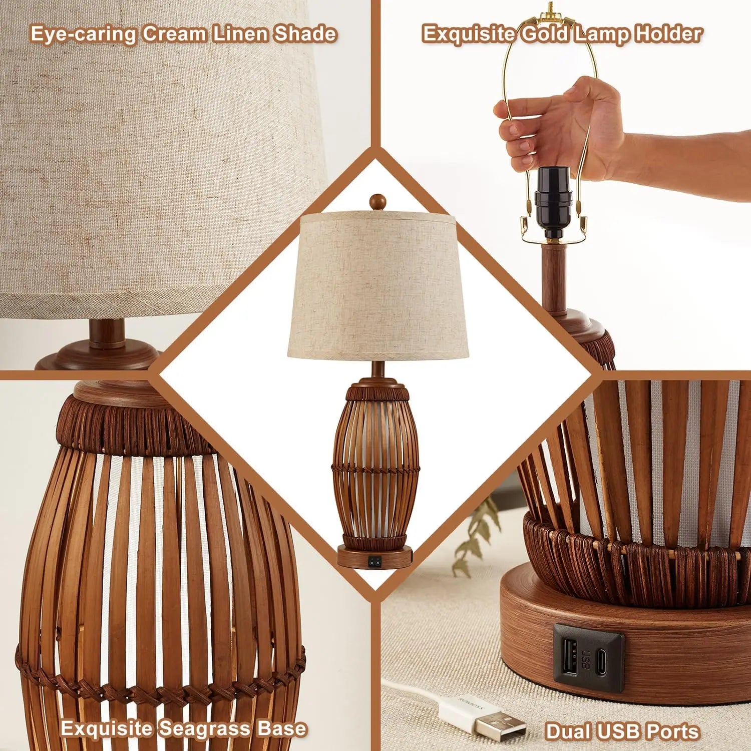 27" Vintage Bamboo Woven Table Lamps Set of 2 with Nightlight, USB A+C Ports and Bulbs Included for Bedroom Living Room