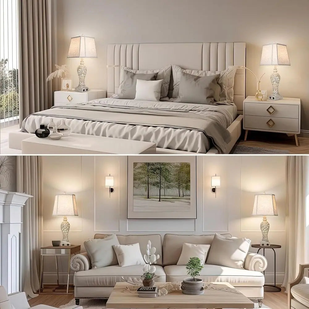 28.5 Dual Table Lamp Set with Fabric Shades - Ideal for Bedrooms and Living Rooms, USB & Nightlight Features