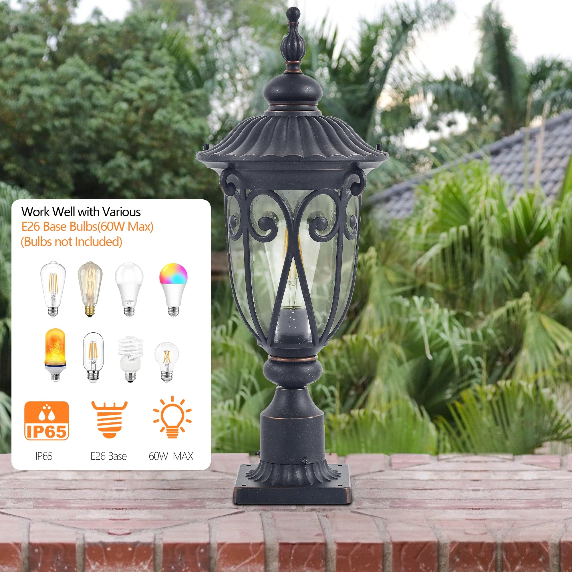 Vintage Black Outdoor Post Lantern - Waterproof Aluminum Lamp Post Light with Bubble Glass, Decorative Garden Lighting(No Bulb)