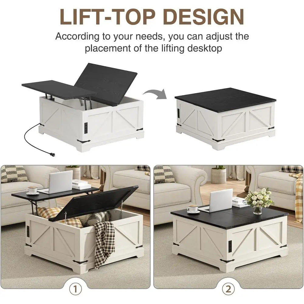 White 35.4 Wide Storage Coffee Table with Lift Top and Charging Station