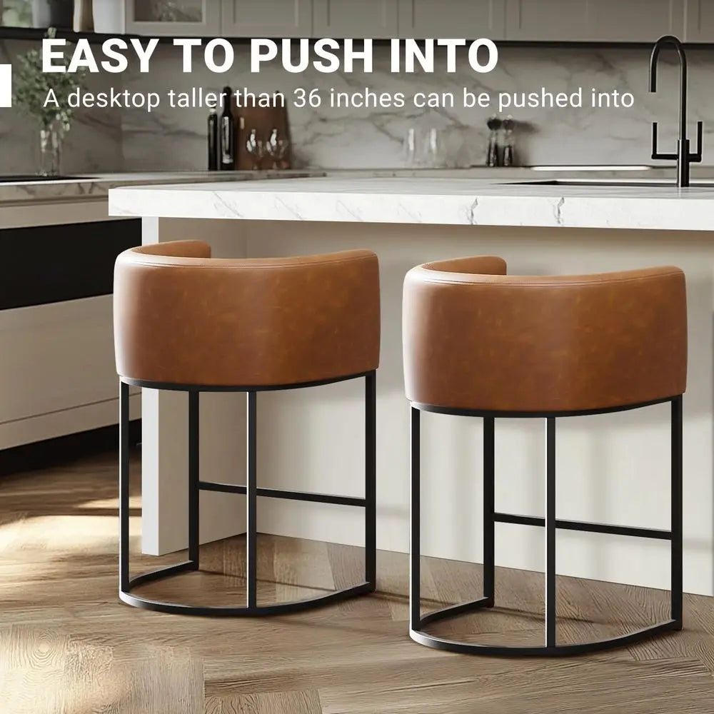 Set of 4 Counter Height Bar Stools with Backrest and Arms, Leather Upholstered, Walnut Brown