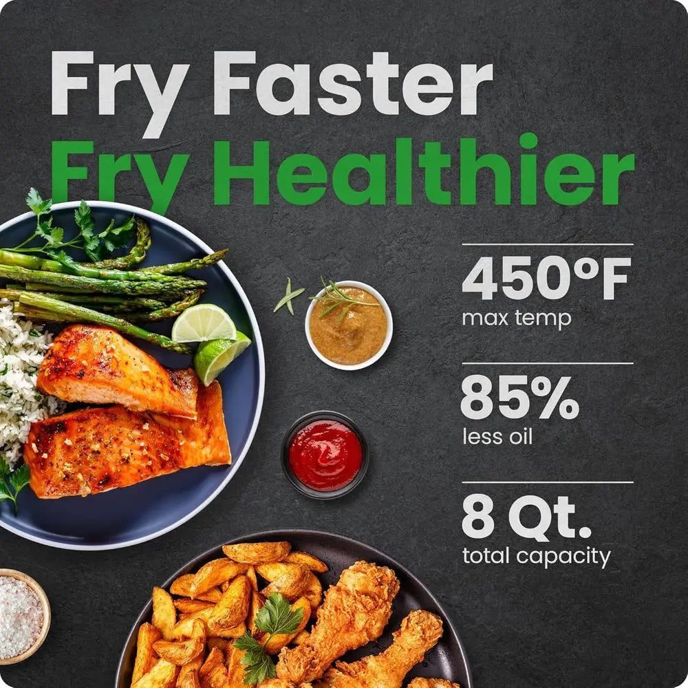 8-Quart 4-in-1 Air Fryer with 450°F High-Heat Option for Crispy Results | Bake, Dehydrate, Roast | XL Nonstick Dishwasher-Safe B