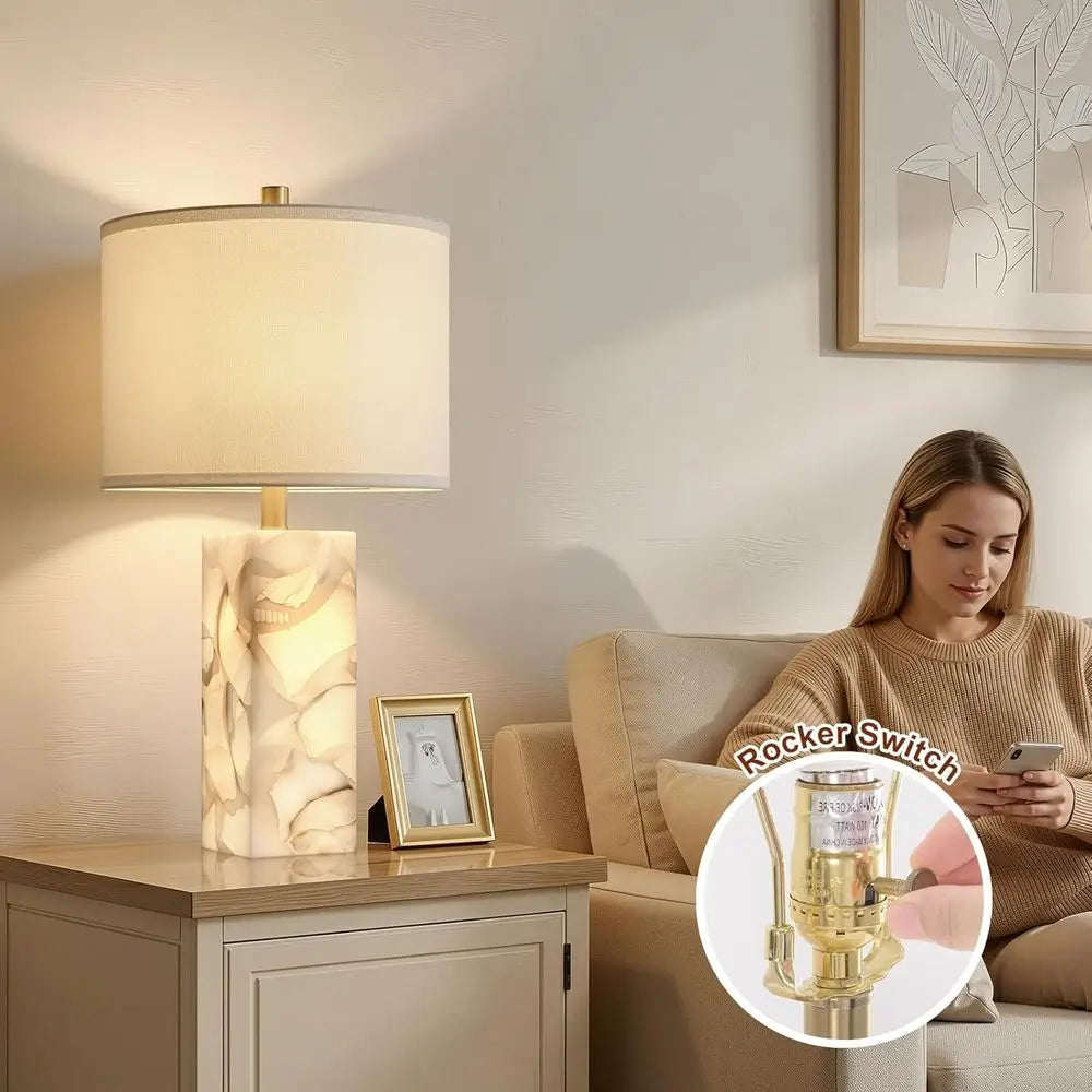 Alabaster Table Lamp Set of 2 with Night Light, 23 Rotary Switch, Linen Shade, Ideal for Bedroom, Living Room, Office or Dorm (B