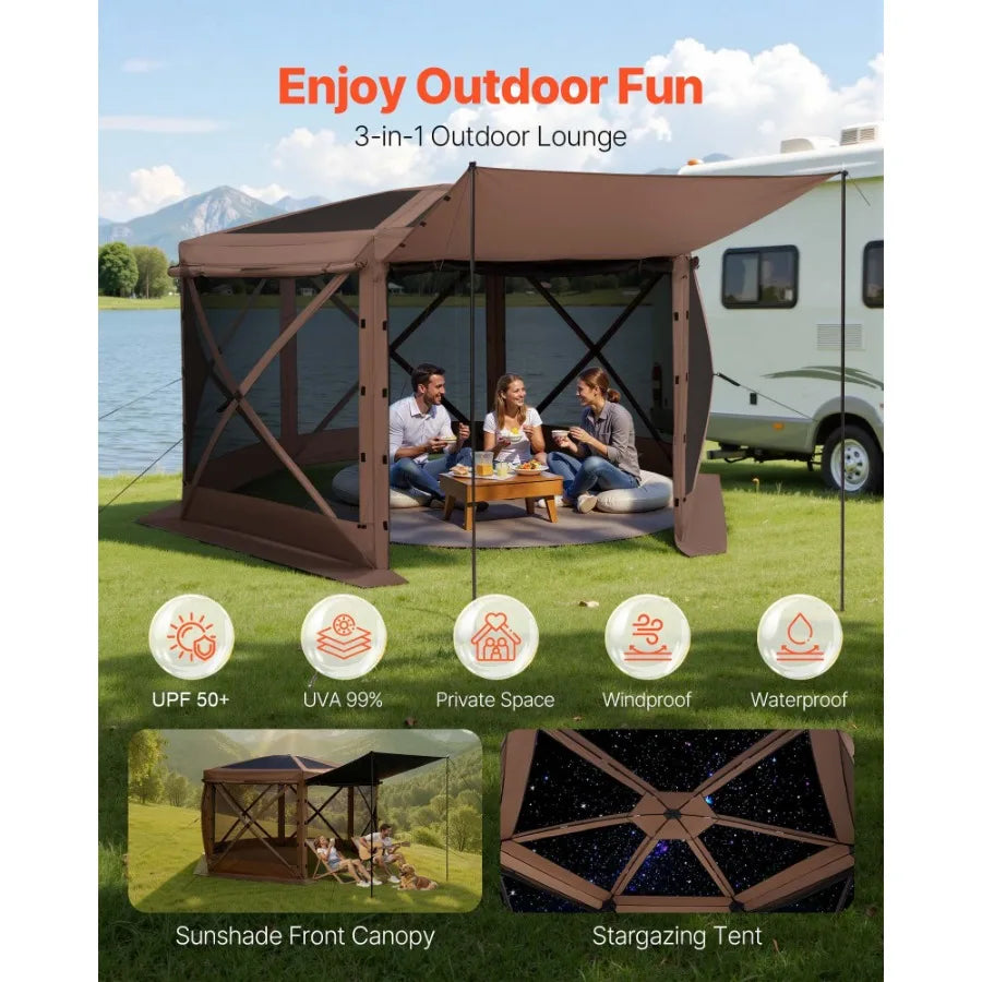 Pop up Gazebo Screen Tent 12 x 12 ft Large 6-Sided Camping Canopy Tent with Removable Top Carry Bag Quick-Set Bite-Proof Screen