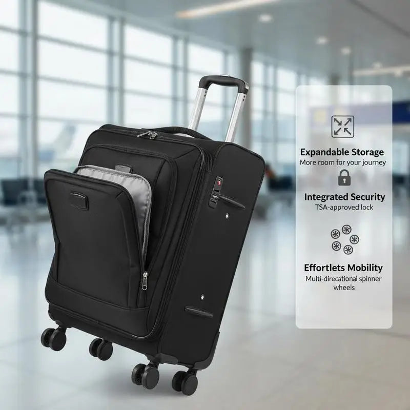 Expandable Softshell Trolley 24-Inch For Business Travel Family Vacation Overseas Study, Medium Checked Suitcase Built-in TSA Lock Multi-directional Spinner Wheels Black Polyester Fabric