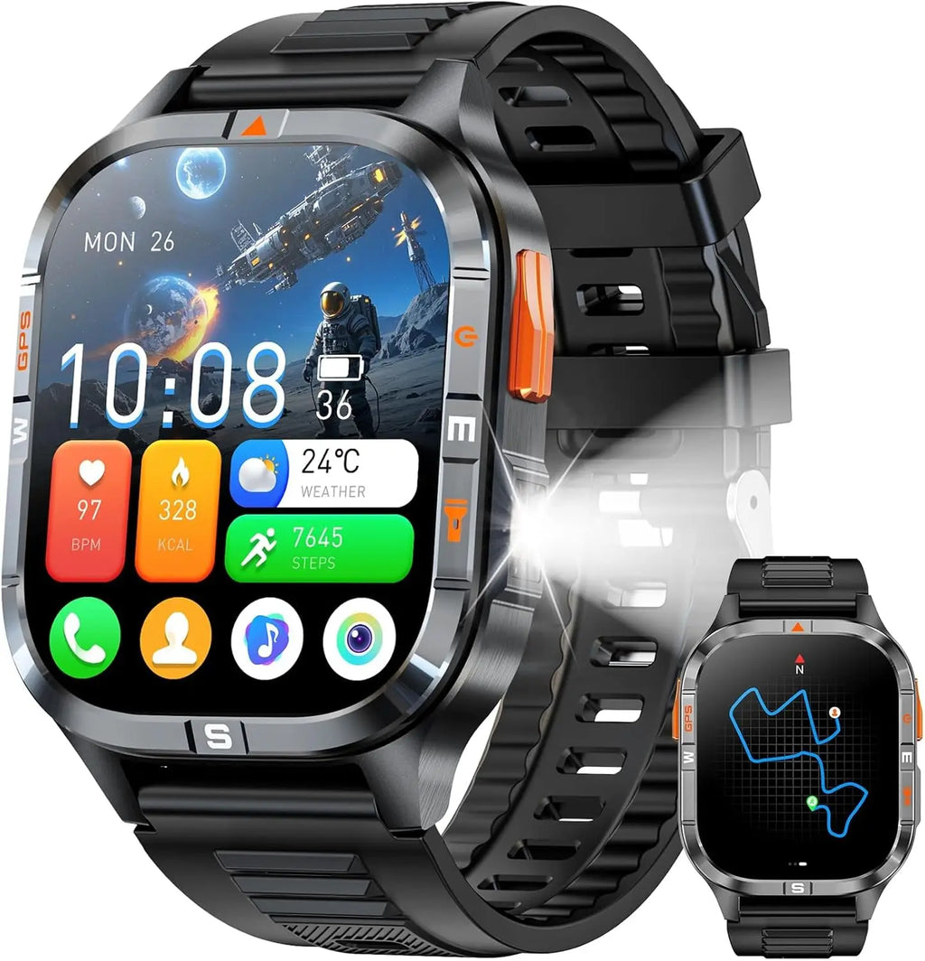 Military GPS Smart Watch with Compass, Altitude, Flashlight, HD Screen, Voice Assistant, Bluetooth Calling for Android iOS