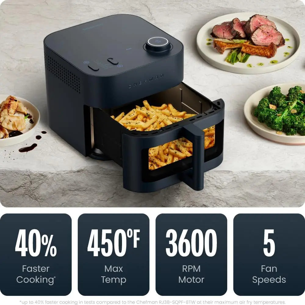 7-in-1 8 Qt Air Fryer with 450°F Max Temp, Turbo Heat Technology, Even Cooking, Bake, Broil, Dehydrate, Viewing Window, Nonstick