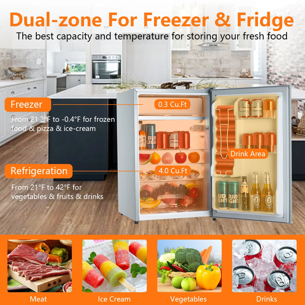 4.3 Cu.Ft Mini Fridge With Freezer-Single Door,7 Temperature Settings,Compact Refrigerator for Apartment,Bedroom Office Dorm ﻿