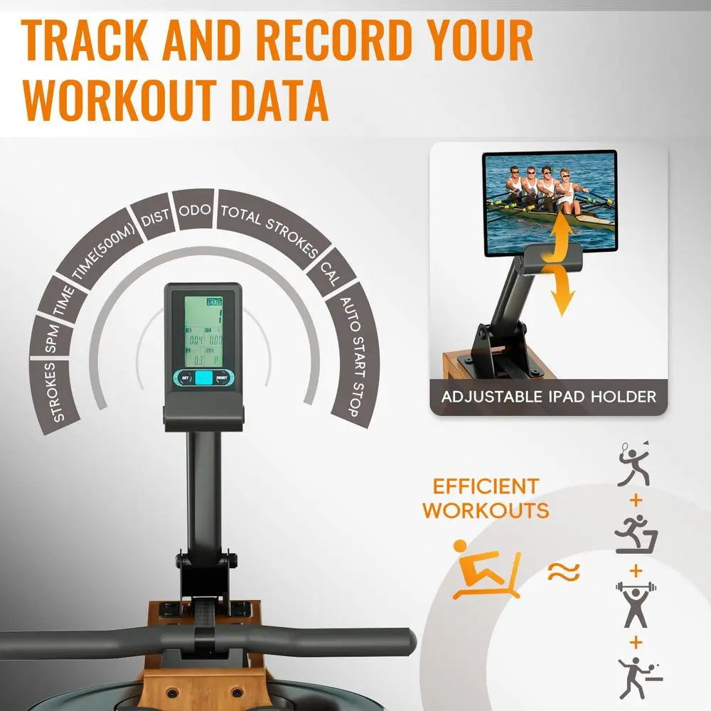 Rowing Machine for Home Use, Wooden Foldable Rower Machine with Dedicated Monitor amp Bluetooth APP, Large Water Tank amp Comfo